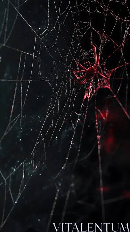Crimson spider resting in a glittering midnight web.