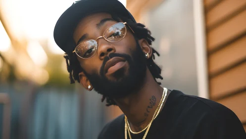 Stylish bearded man in golden hour street portrait