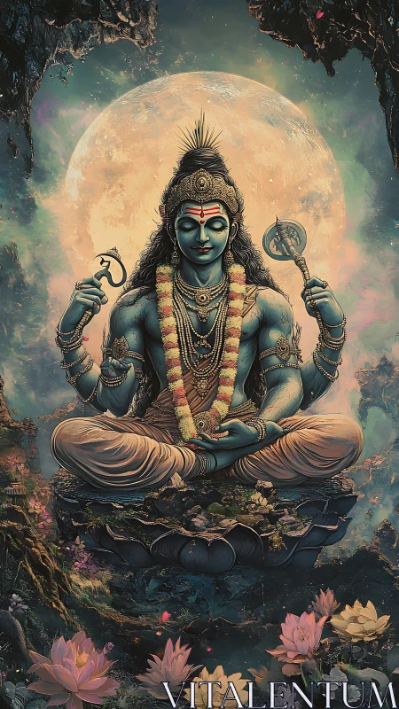 Celestial Shiva in lotus meditation before radiant full moon