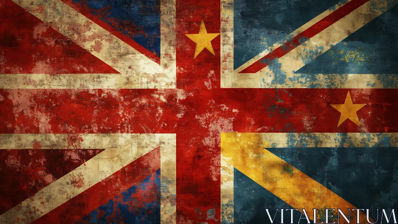 Grungy merged flag design with worn union and golden stars.