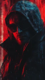 Hooded cyber-operative in high-contrast red blue chiaroscuro portrait.