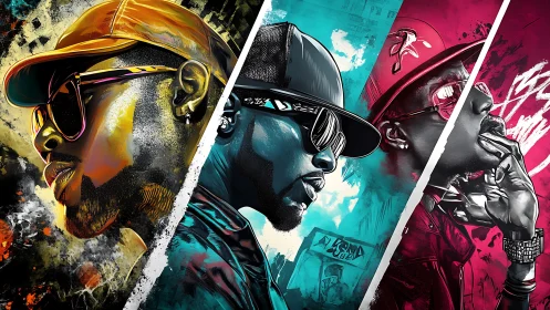 Streetwise hip hop portraits collide in bold neon panels.