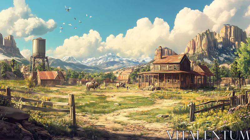 Western ranch homestead under vast clouds and mountains.