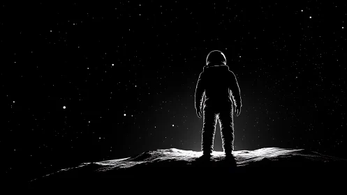 Lone astronaut gazes into deep star-filled outer space.