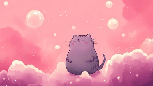 Purple Cat Rendered in Soft 3D Geometry Amid Volumetric Cloud Formations