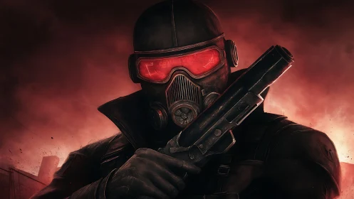 Armored wasteland enforcer with red visor in burning haze.