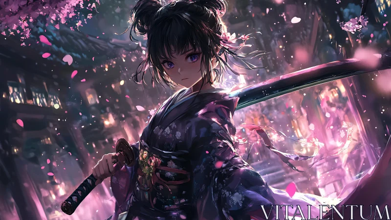 Sakura-lit samurai girl poised in swirling midnight petals.