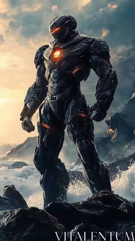 Titan mecha guardian in stormlit coastal battlefield panorama.