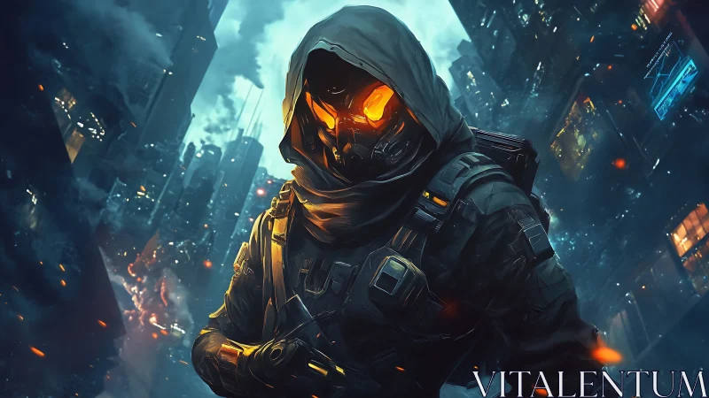 Cybernetic hooded soldier in blazing neon warzone nightscape.