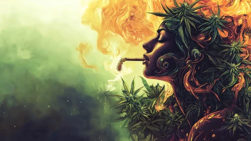Cannabis muse profile wreathed in smoke and green flame.