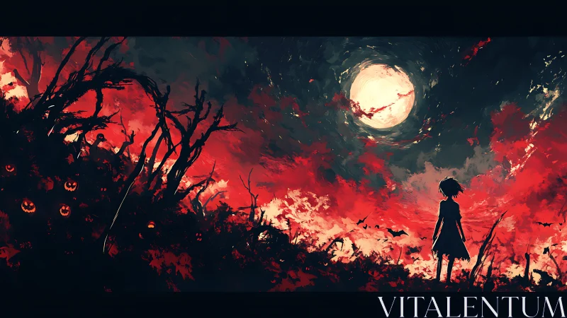 Silhouetted child under blood red sky and full moon.