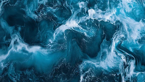 High-turbulence teal ocean surface forms complex foam vortices