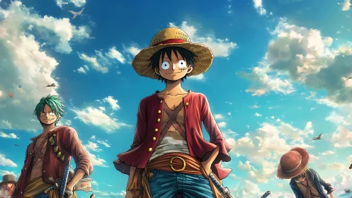 Straw hat pirate crew stride under expansive cyan sky.