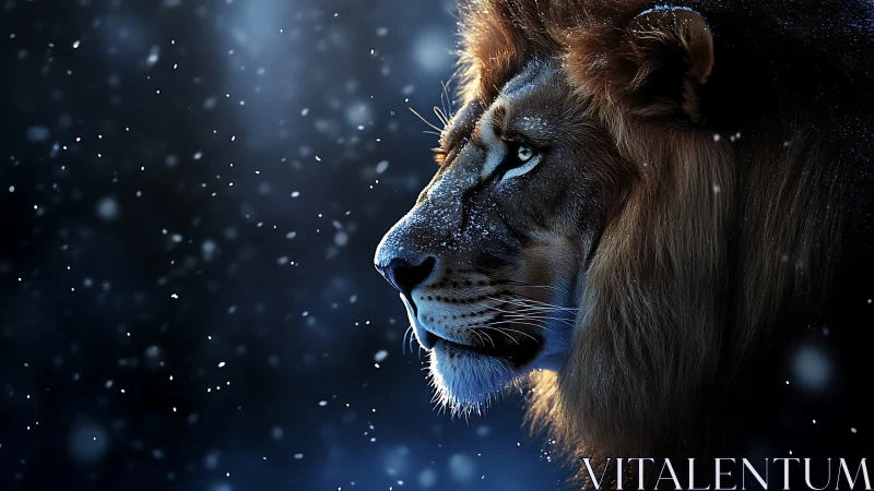 Profile view of lion in snowfall against dark background.