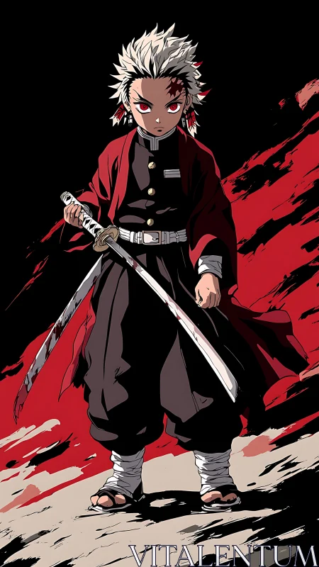 Young anime swordsman stands defiant amid crimson fury