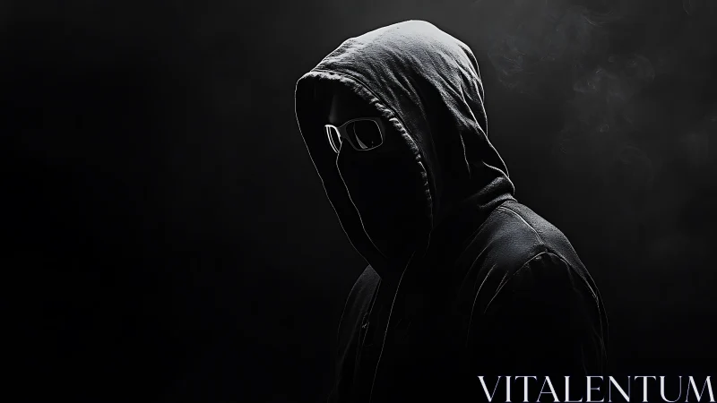 Shadowed hooded figure stands quietly in dramatic darkness