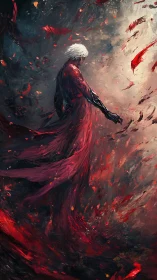 Solitary white-haired figure dissolves into swirling crimson vortex