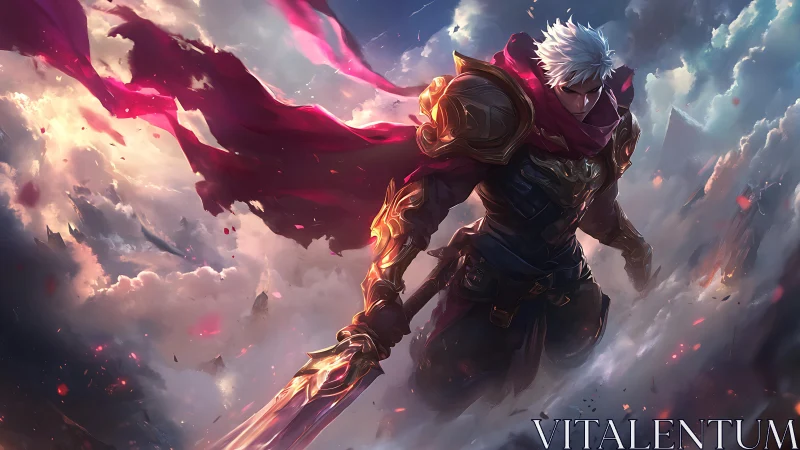 Armored white haired warrior with sword amid drifting clouds.