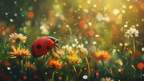 Ladybug on wildflowers in glowing spring meadow light.