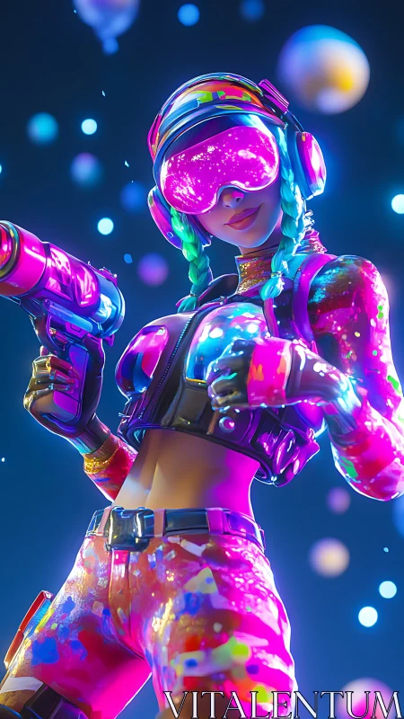 Neon paint-splashed gamer girl lighting up a playful night.