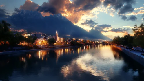 Alpine riverside cityscape under luminous volumetric sunset sky.