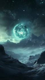 Glowing teal planet above frozen alien mountain valley.
