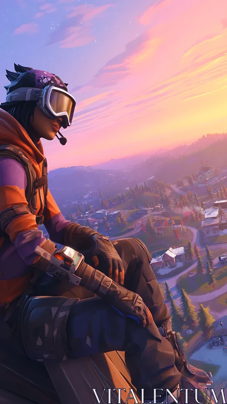 Goggles-wearing character overlooks stylized sunset townscape