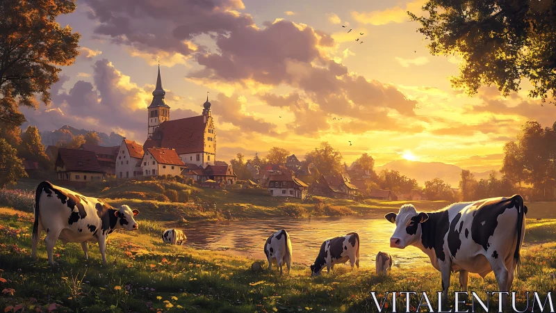 Pastoral riverside village at sunset with grazing Holstein cattle