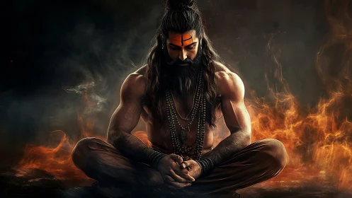 Firelit warrior yogi in deep meditation amid swirling smoke.