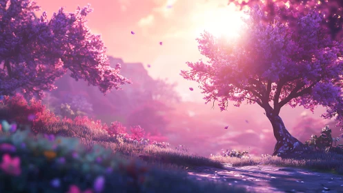 Sunlit magenta grove renders stylized spring landscape in 3D