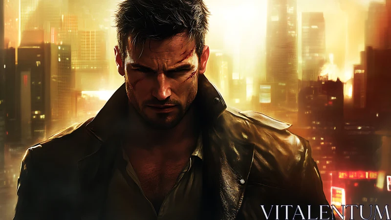 Scarred man in leather coat stands before glowing city