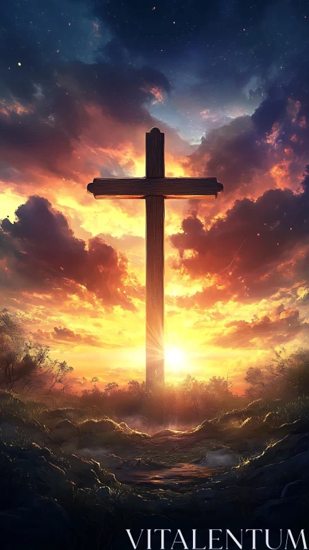 Wooden cross silhouette against stratified sunset sky.