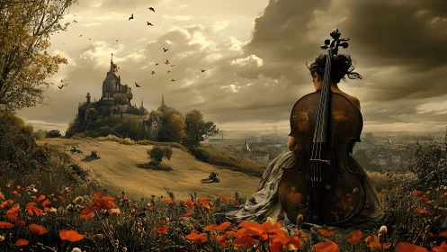 Woman with cello observes distant hilltop castle under clouds