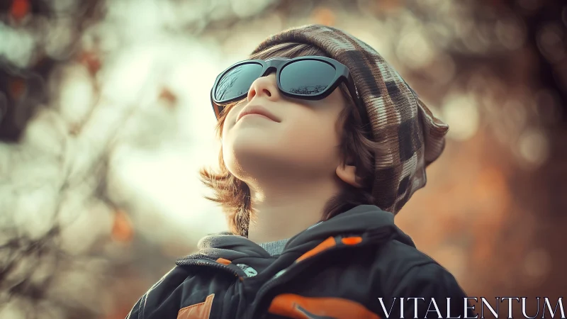 Young explorer gazes skyward wearing aviator sunglasses outdoors.