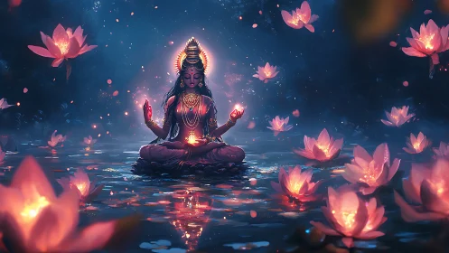 Lotus-lit goddess breathes starlight into a dreaming lake