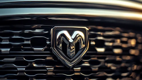 Chromed automotive emblem on defocused lattice grille surface.