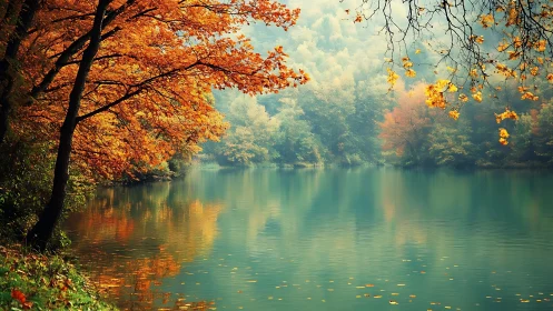 Calm forest lake reflects dense autumn foliage and branches