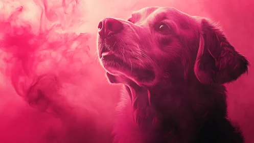 Dreamy pink dog portrait glowing with gentle wonder.