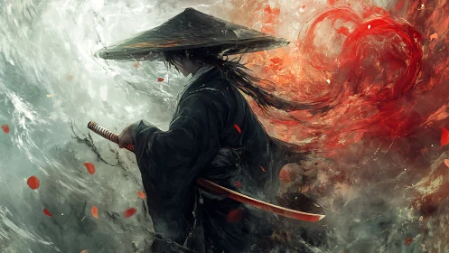 Lone samurai in swirling storm of water and flame.