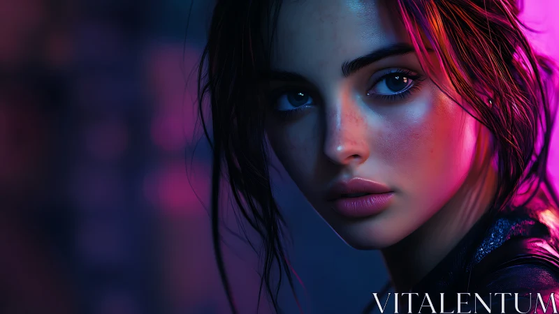 Neon-lit portrait intensifies gaze with cinematic contrast.