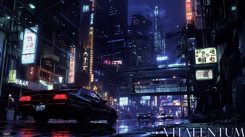 Neon-lit rain-soaked cyberpunk avenue frames retro sports car at night