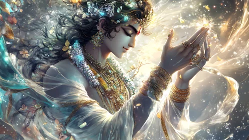 Divine figure channels radiant cosmic energy in gold light.