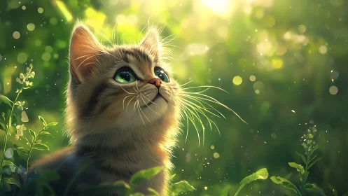Kitten's Wonder: Gaze Into the Golden Garden Light.