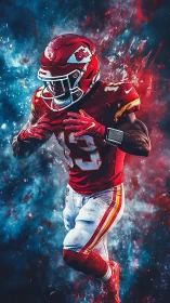 Blazing red receiver streaks through electric stormfield turf.