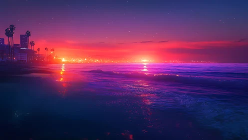 Neon-lit coastal sunset renders a futuristic urban shoreline