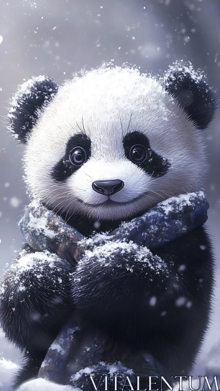 Snow-dusted baby panda cuddles winter like a soft secret.