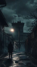 Midnight rain walk through a lonely, gleaming city alley.