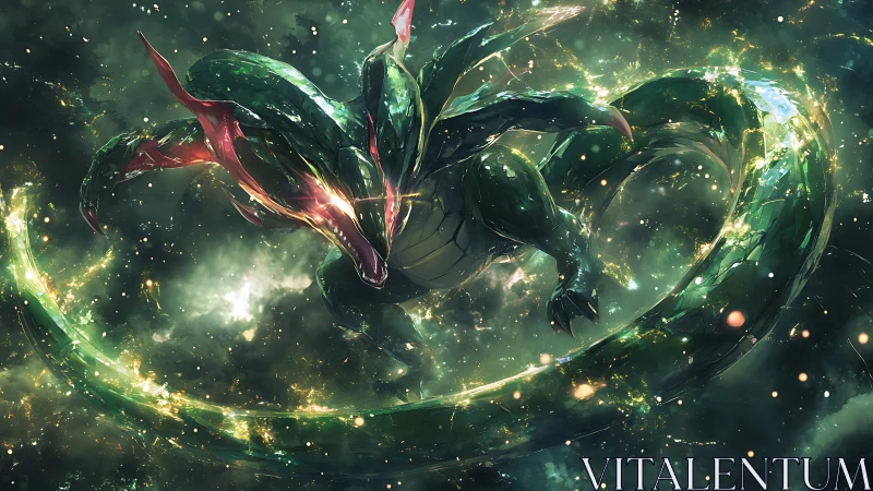 Celestial emerald dragon coiling through luminous cosmic storm.