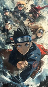 Dynamic ninja squad surges through stylized crashing water.