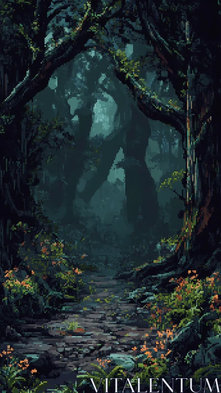 Pixel Art Forest Cave with Stream and Luminous Sky